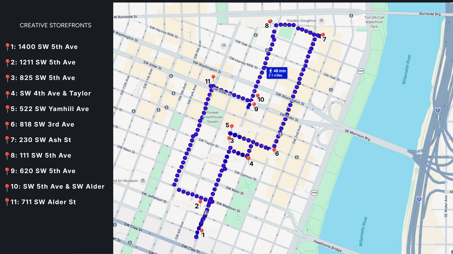 walking map with blue dots indicating path and red pins indicating art